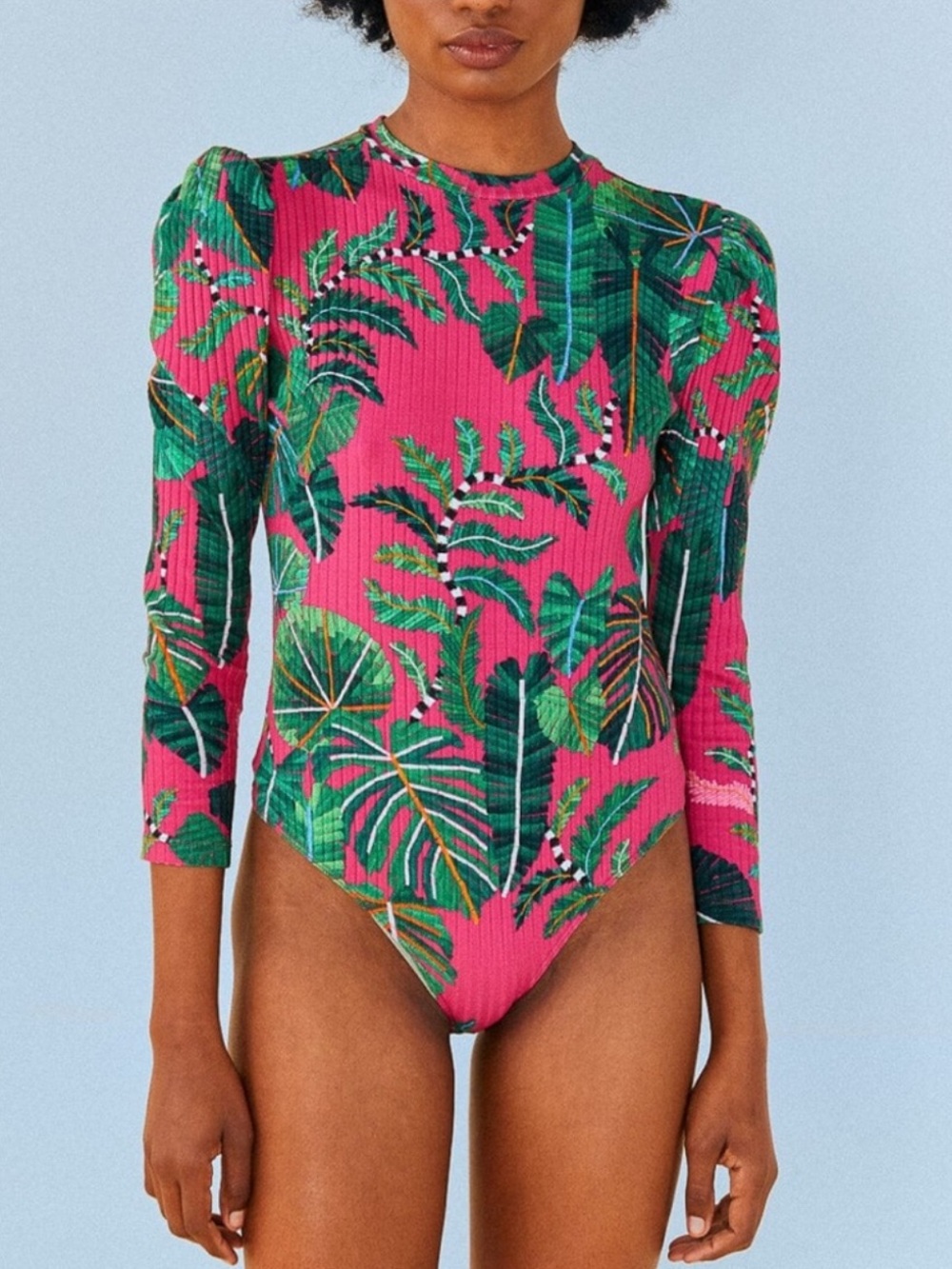 Pink Leaves Ribbed Long Sleeve Bodysuit by Farm Rio Medium - Picture 8 of 10